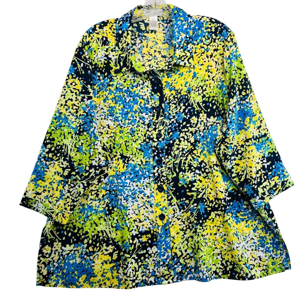 Drapers & Damons Womens 2X Blue Yellow Floral Button Up 3/4 Sleeve Blouse Top